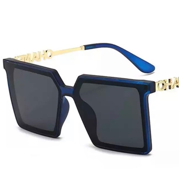 Indigo Square Oversized Graphic Sunglasses, Luxury Sunnies, Blue Frames - Picture 1 of 3